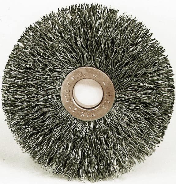 Weiler - 15" OD, 1-1/4" Arbor Hole, Crimped Steel Wheel Brush - 3/4" Face Width, 4-7/16" Trim Length, 0.014" Filament Diam, 3,000 RPM - Exact Tooling