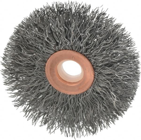 Weiler - 2-1/2" OD, 1/2" Arbor Hole, Crimped Steel Wheel Brush - 1/2" Face Width, 3/4" Trim Length, 0.0118" Filament Diam, 20,000 RPM - Exact Tooling