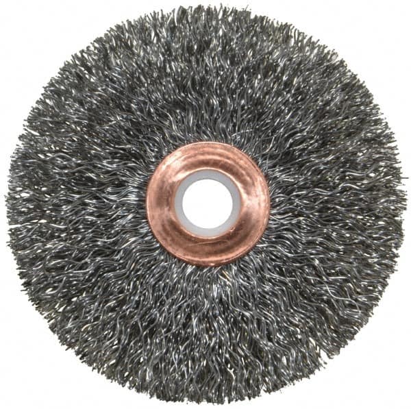 Weiler - 3" OD, 1/2" Arbor Hole, Crimped Steel Wheel Brush - 5/8" Face Width, 1" Trim Length, 0.0118" Filament Diam, 20,000 RPM - Exact Tooling
