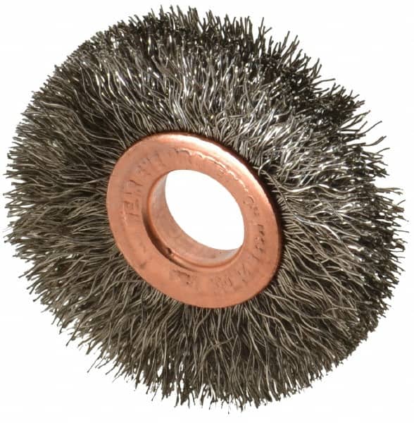 Weiler - 2" OD, 1/2" Arbor Hole, Crimped Stainless Steel Wheel Brush - 3/8" Face Width, 1/2" Trim Length, 0.0104" Filament Diam, 20,000 RPM - Exact Tooling