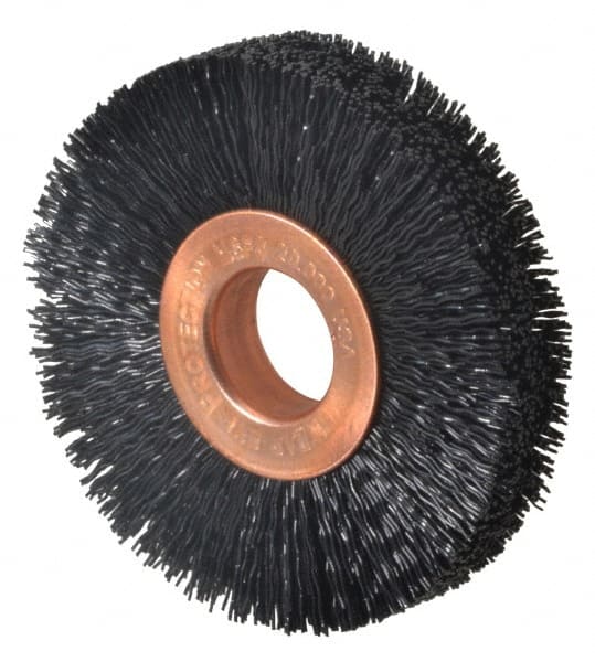 Weiler - 2" OD, 1/2" Arbor Hole, Crimped Nylon Wheel Brush - 3/8" Face Width, 1/2" Trim Length, 0.014" Filament Diam, 20,000 RPM - Exact Tooling