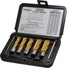 Hougen - 9 Piece, 9/16 to 1-1/16" Cutter Diam, 2" Cutting Depth, High Speed Steel Annular Cutter Set - TiN Finish, 3/4" Shank Diam, 9/16, 11/16, 13/16, 15/16, 1-1/16" Cutter Diams, 2 Flats on Shank - Exact Tooling