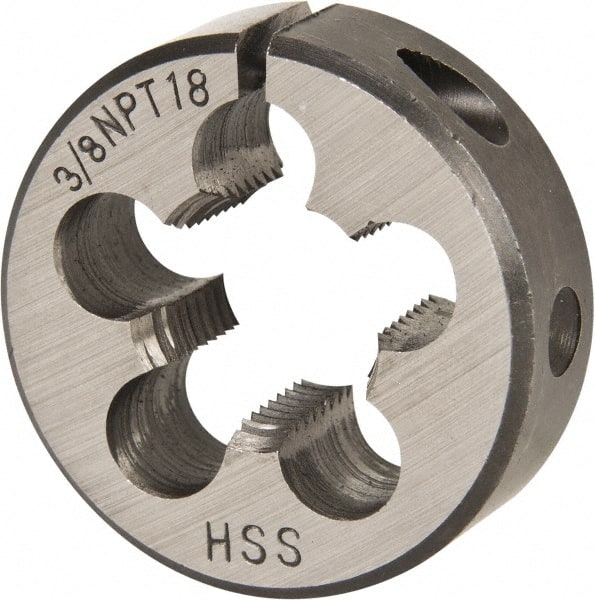 Interstate - 3/8-18 NPT Thread, Round Pipe Die - 1-1/2" Outside Diam, High Speed Steel - Exact Tooling