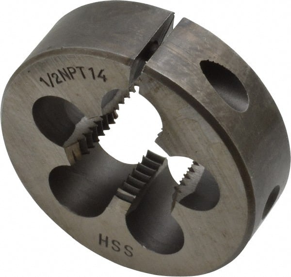 Interstate - 1/2-14 NPT Thread, Round Pipe Die - 2" Outside Diam, High Speed Steel - Exact Tooling
