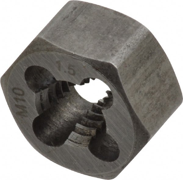 Interstate - M10x1.50 Metric Coarse Thread, 25/32" Hex, Right Hand Thread, Hex Rethreading Die - Carbon Steel, 7/16" Thick - Exact Tooling