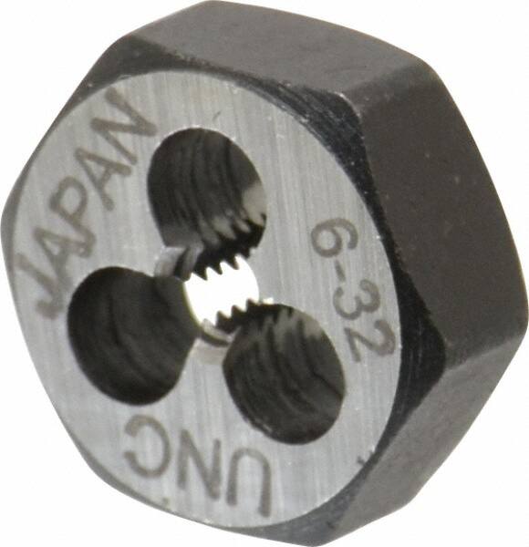 Interstate - #6-32 UNC Thread, 19/32" Hex, Right Hand Thread, Hex Rethreading Die - Carbon Steel, 1/4" Thick - Exact Tooling