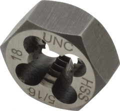 Interstate - 5/16-18 UNC Thread, 11/16" Hex, Right Hand Thread, Hex Rethreading Die - High Speed Steel, 5/16" Thick - Exact Tooling