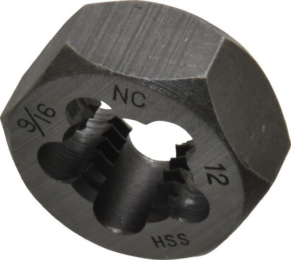 Interstate - 9/16-12 UNC Thread, 1-1/16" Hex, Right Hand Thread, Hex Rethreading Die - High Speed Steel, 1/2" Thick - Exact Tooling