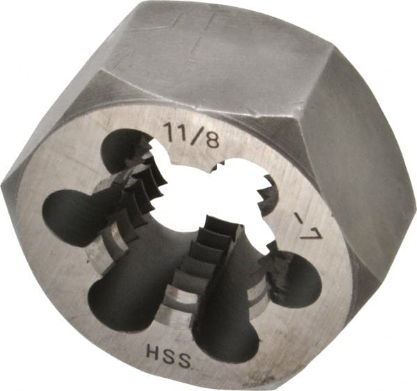 Interstate - 1-1/8 - 7 UNC Thread, 2" Hex, Right Hand Thread, Hex Rethreading Die - High Speed Steel, 1" Thick - Exact Tooling