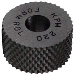 Made in USA - 1" Diam, 90° Tooth Angle, 20 TPI, Standard (Shape), Form Type High Speed Steel Male Diamond Knurl Wheel - 3/8" Face Width, 5/16" Hole, Circular Pitch, 30° Helix, Bright Finish, Series OU - Exact Tooling