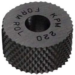 Made in USA - 5/16" Diam, 90° Tooth Angle, 30 TPI, Standard (Shape), Form Type High Speed Steel Male Diamond Knurl Wheel - 5/32" Face Width, 1/8" Hole, Circular Pitch, 30° Helix, Bright Finish, Series BP - Exact Tooling