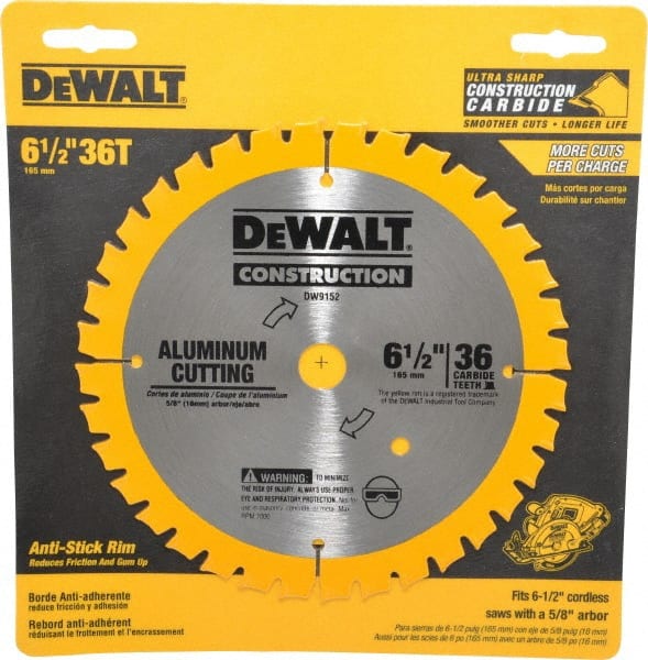DeWALT - 6-1/2" Diam, 5/8" Arbor Hole Diam, 36 Tooth Wet & Dry Cut Saw Blade - Carbide-Tipped, Standard Round Arbor - Exact Tooling