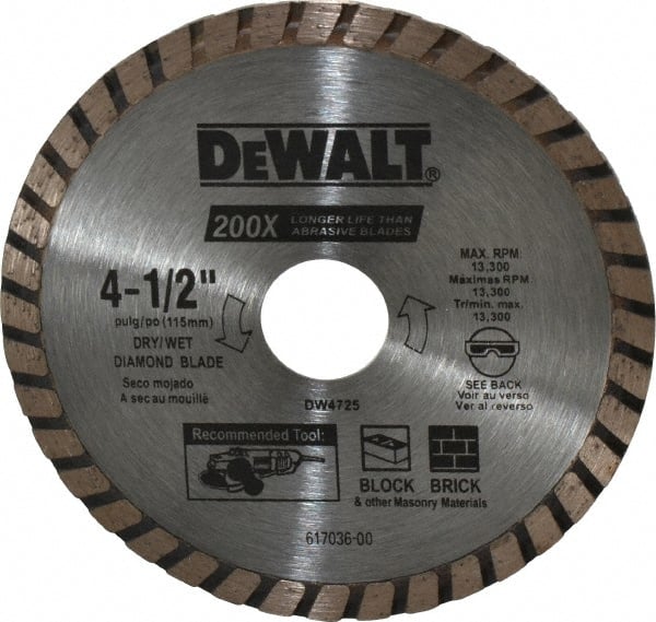 DeWALT - 4-1/2" Diam, 7/8" Arbor Hole Diam, Wet & Dry Cut Saw Blade - Diamond-Tipped, Standard Round Arbor - Exact Tooling