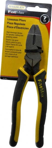 Stanley - 7-5/8" OAL, 1-1/2" Jaw Length x 1" Jaw Width, Side Cutting Linesman's Pliers - Serrated Jaw, Flat Nose Head, Bi-Material Cushion Grip Handles - Exact Tooling