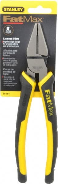 Stanley - 8-3/8" OAL, 1-1/2" Jaw Length x 1" Jaw Width, Side Cutting Linesman's Pliers - Serrated Jaw, Flat Nose Head, Bi-Material Cushion Grip Handles - Exact Tooling