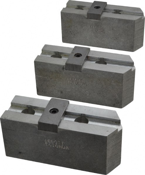 Abbott Workholding Products - 10" & Up Chuck Capacity, Tongue & Groove Attachment, Square Soft Lathe Chuck Jaw - 3 Jaws, Aluminum, 2-1/8" Btw Mount Hole Ctrs, 4-1/2" Long x 1-1/2" Wide x 2" High, 1/2" Groove, 1/2" Fastener - Exact Tooling