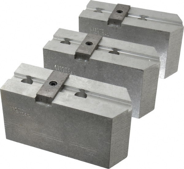 Abbott Workholding Products - 12" & Up Chuck Capacity, Tongue & Groove Attachment, Square Soft Lathe Chuck Jaw - 3 Jaws, Aluminum, 2-1/2" Btw Mount Hole Ctrs, 5-1/2" Long x 2" Wide x 3" High, 1/2" Groove, 1/2" Fastener - Exact Tooling