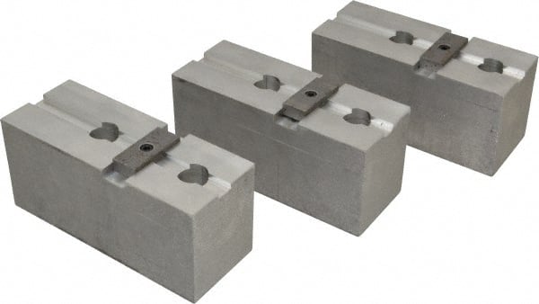 Abbott Workholding Products - 15 to 18" Chuck Capacity, Tongue & Groove Attachment, Square Soft Lathe Chuck Jaw - 3 Jaws, Aluminum, 3" Btw Mount Hole Ctrs, 6-1/2" Long x 2-1/2" Wide x 3" High, 1/2" Groove, 3/4" Fastener - Exact Tooling