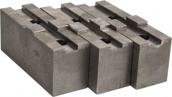 Abbott Workholding Products - 10" & Up Chuck Capacity, Tongue & Groove Attachment, Square Soft Lathe Chuck Jaw - 3 Jaws, Steel, 2-1/8" Btw Mount Hole Ctrs, 4-1/2" Long x 1-1/2" Wide x 2" High, 1/2" Groove, 1/2" Fastener - Exact Tooling
