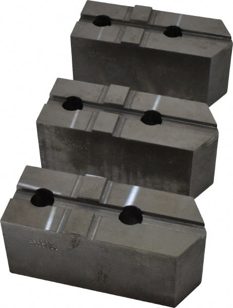Abbott Workholding Products - 15 to 18" Chuck Capacity, Tongue & Groove Attachment, Square Soft Lathe Chuck Jaw - 3 Jaws, Steel, 3" Btw Mount Hole Ctrs, 6-1/2" Long x 2-1/2" Wide x 3" High, 1/2" Groove, 3/4" Fastener - Exact Tooling