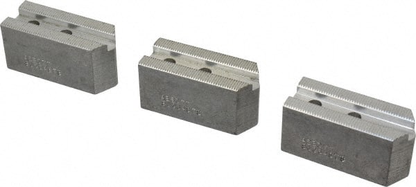 Abbott Workholding Products - 6" & Up Chuck Capacity, 1.5mm x 60° Serrated Attachment, Square Soft Lathe Chuck Jaw - 3 Jaws, Aluminum, 63/64" Btw Mount Hole Ctrs, 3" Long x 1-1/4" Wide x 1-1/2" High, 0.4331" Groove, 0.315" & 8mm Fastener - Exact Tooling