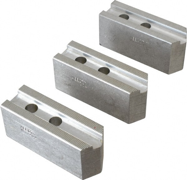 Abbott Workholding Products - 10" & Up Chuck Capacity, 1.5mm x 60° Serrated Attachment, Square Soft Lathe Chuck Jaw - 3 Jaws, Aluminum, 1.2598" Btw Mount Hole Ctrs, 4-1/2" Long x 1-1/2" Wide x 2" High, 0.6299" Groove, 0.4724" & 12mm Fastener - Exact Tooling