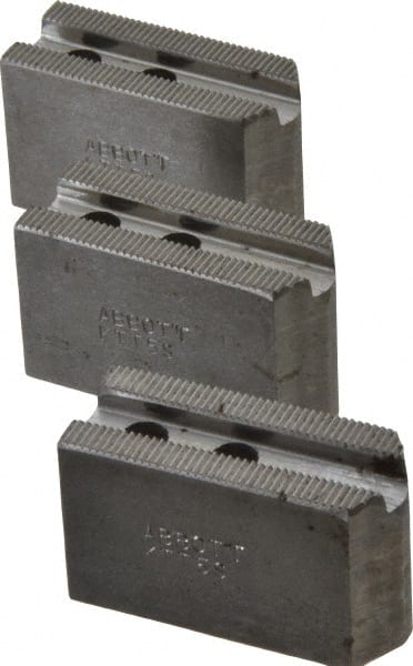 Abbott Workholding Products - 5" & Up Chuck Capacity, 1.5mm x 60° Serrated Attachment, Square Soft Lathe Chuck Jaw - 3 Jaws, Steel, 0.7087" Btw Mount Hole Ctrs, 2-1/2" Long x 1" Wide x 1-1/2" High, 0.3937" Groove, 0.315" & 8mm Fastener - Exact Tooling