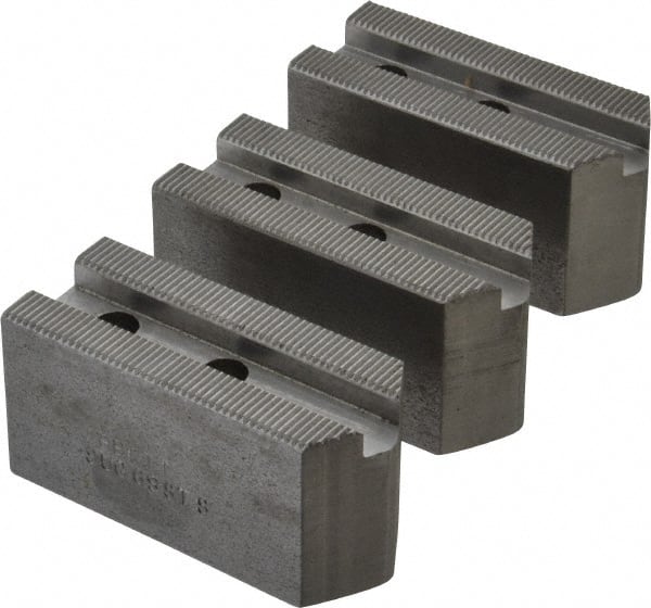 Abbott Workholding Products - 6" & Up Chuck Capacity, 1.5mm x 60° Serrated Attachment, Square Soft Lathe Chuck Jaw - 3 Jaws, Steel, 63/64" Btw Mount Hole Ctrs, 3" Long x 1-1/4" Wide x 1-1/2" High, 0.4331" Groove, 0.315" & 8mm Fastener - Exact Tooling