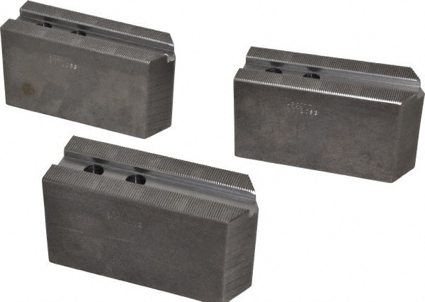 Abbott Workholding Products - 10" & Up Chuck Capacity, 1.5mm x 60° Serrated Attachment, Square Soft Lathe Chuck Jaw - 3 Jaws, Steel, 1.1811" Btw Mount Hole Ctrs, 5-1/2" Long x 2" Wide x 3" High, 0.6299" Groove, 0.4724" & 12mm Fastener - Exact Tooling