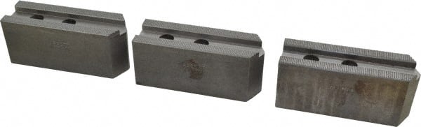Abbott Workholding Products - 10" & Up Chuck Capacity, 1.5mm x 60° Serrated Attachment, Square Soft Lathe Chuck Jaw - 3 Jaws, Steel, 1.2598" Btw Mount Hole Ctrs, 4-1/2" Long x 1-1/2" Wide x 2" High, 0.6299" Groove, 0.4724" & 12mm Fastener - Exact Tooling