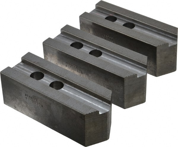 Abbott Workholding Products - 12" & Up Chuck Capacity, 1.5mm x 60° Serrated Attachment, Square Soft Lathe Chuck Jaw - 3 Jaws, Steel, 1.1811" Btw Mount Hole Ctrs, 5-1/2" Long x 2" Wide x 2" High, 0.8268" Groove, 0.6299" & 16mm Fastener - Exact Tooling