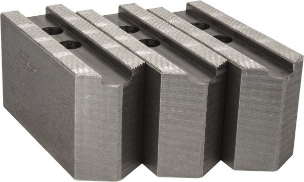 Abbott Workholding Products - 12" & Up Chuck Capacity, 1.5mm x 60° Serrated Attachment, Square Soft Lathe Chuck Jaw - 3 Jaws, Steel, 1.1811" Btw Mount Hole Ctrs, 5-1/2" Long x 2" Wide x 3" High, 0.8268" Groove, 0.6299" & 16mm Fastener - Exact Tooling