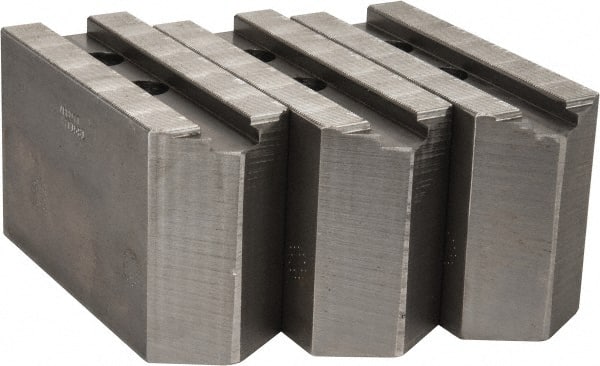 Abbott Workholding Products - 15 to 18" Chuck Capacity, 1.5mm x 60° Serrated Attachment, Square Soft Lathe Chuck Jaw - 3 Jaws, Steel, 1.6929" Btw Mount Hole Ctrs, 6-1/2" Long x 2-1/2" Wide x 4" High, 0.8661" Groove, 0.7874" & 20mm Fastener - Exact Tooling