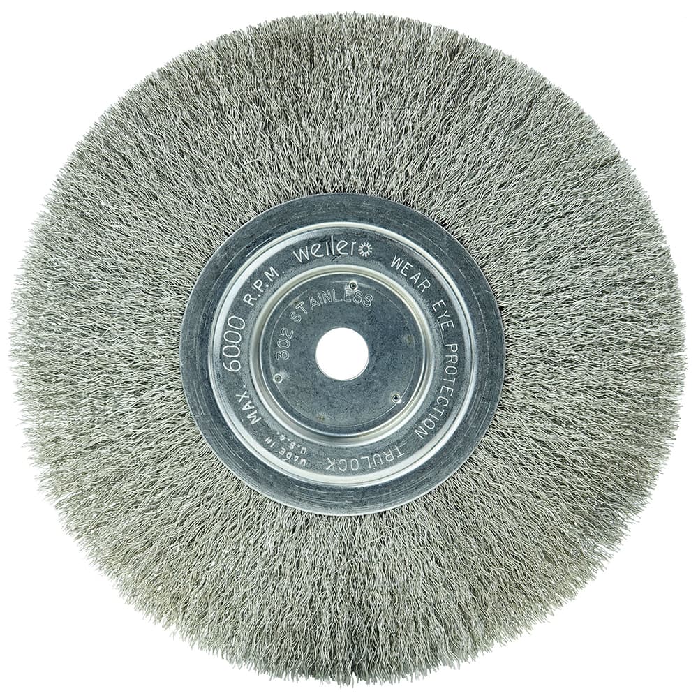 Weiler - Wheel Brushes; Outside Diameter (Inch): 8 ; Arbor Hole Thread Size: 5/8 ; Wire Type: Crimped Wire ; Fill Material: Stainless Steel ; Face Width (Inch): 3/4 ; Trim Length (Inch): 2-1/16 - Exact Tooling