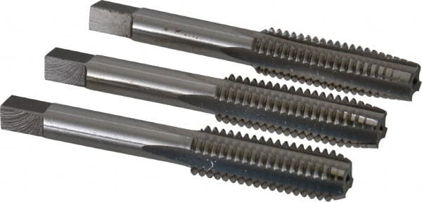 Interstate - 7/16-14 UNC, 4 Flute, Bottoming, Plug & Taper, Bright Finish, High Speed Steel Tap Set - Right Hand Cut, 3-5/32" OAL, 1-7/16" Thread Length - Exact Tooling