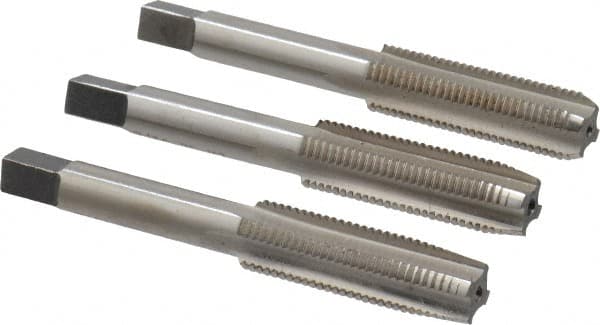 Interstate - 7/16-20 UNF, 4 Flute, Bottoming, Plug & Taper, Bright Finish, High Speed Steel Tap Set - Right Hand Cut, 3-5/32" OAL, 1-7/16" Thread Length - Exact Tooling