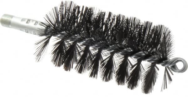 Schaefer Brush - 4-1/2" Brush Length, 2-1/2" Diam, Double Stem, Single Spiral Flue Brush - 7-1/2" Long, Tempered Steel Wire, 1/4" NPSM Male Connection - Exact Tooling
