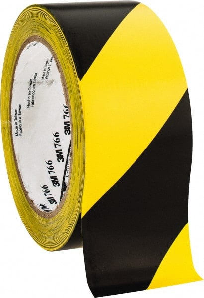3M - Black & Yellow Striped Vinyl Tape - 2" Wide x 108' Long x 0.005" Thick, General Traffic - Exact Tooling