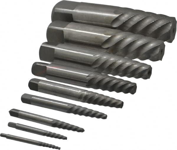 Interstate - 9 Piece Spiral Flute Screw Extractor Set - Screw Range 3/16 to 2-1/8" - Exact Tooling