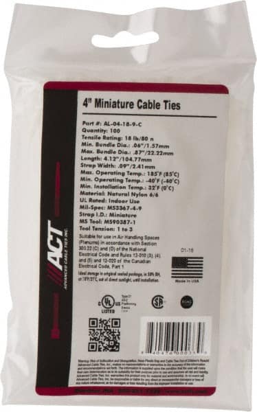 Made in USA - 4-1/8" Long Natural (Color) Nylon Standard Cable Tie - 18 Lb Tensile Strength, 1.07mm Thick, 22.23mm Max Bundle Diam - Exact Tooling