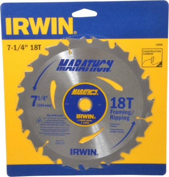 Irwin - 7-1/4" Diam, 5/8" Arbor Hole Diam, 18 Tooth Wet & Dry Cut Saw Blade - Carbide-Tipped, Framing & Ripping Action, Diamond Arbor - Exact Tooling