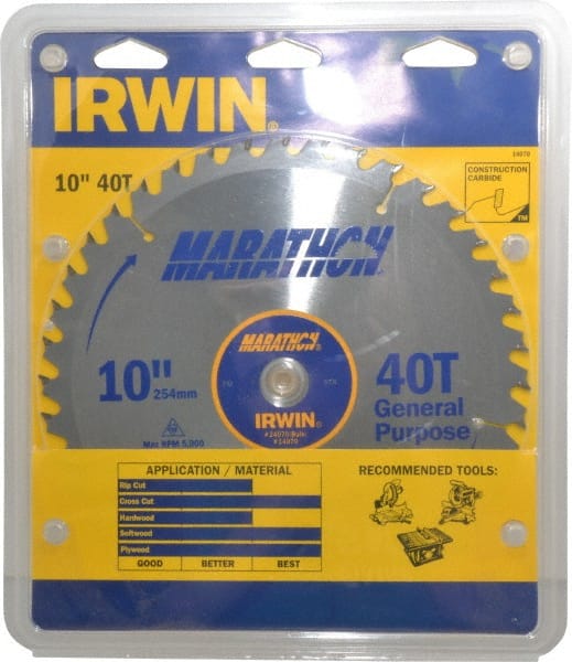 Irwin - 10" Diam, 5/8" Arbor Hole Diam, 40 Tooth Wet & Dry Cut Saw Blade - Carbide-Tipped, General Purpose Action, Standard Round Arbor - Exact Tooling