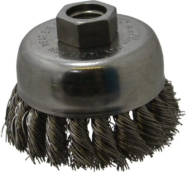 Anderson - 2-3/4" Diam, 5/8-11 Threaded Arbor, Stainless Steel Fill Cup Brush - 0.02 Wire Diam, 3/4" Trim Length, 14,000 Max RPM - Exact Tooling