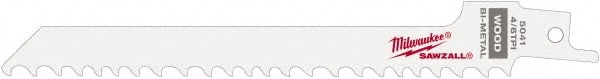 Milwaukee Tool - 6" Long x 1/2" Thick, Steel Reciprocating Saw Blade - Scroll Profile, 4 to 6 TPI, Toothed Edge, Universal Shank - Exact Tooling