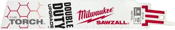 Milwaukee Tool - 6" Long x 1" Thick, Steel Reciprocating Saw Blade - Straight Profile, 10 TPI, Toothed Edge, Universal Shank - Exact Tooling