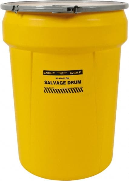 Eagle - 30 Gallon Capacity, Metal Lever Lock, Yellow Salvage Drum - 5 Gallon Container, Polyethylene, 220 Lb. Capacity, UN 1H2/X100/S Listing - Exact Tooling