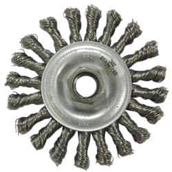 Anderson - 4" OD, M10x1.25 Arbor Hole, Knotted Stainless Steel Wheel Brush - 3/8" Face Width, 1" Trim Length, 0.02" Filament Diam, 20,000 RPM - Exact Tooling
