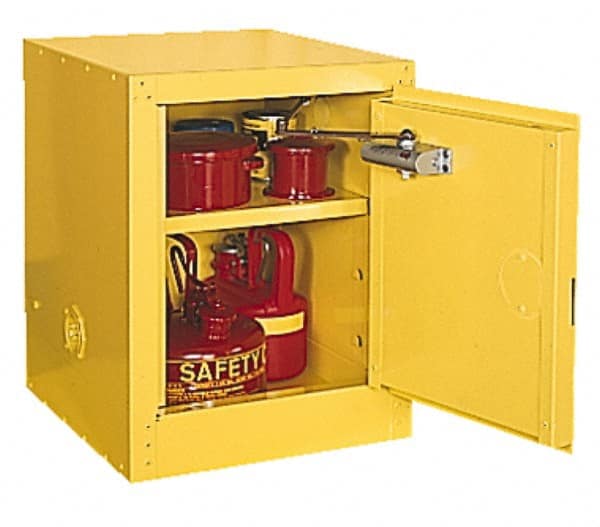 Eagle - 1 Door, 1 Shelf, Yellow Steel Space Saver Safety Cabinet for Flammable and Combustible Liquids - 44" High x 23" Wide x 18" Deep, Manual Closing Door, 3 Point Key Lock, 16 Gal Capacity - Exact Tooling