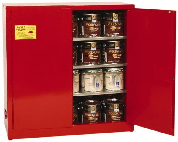 Eagle - 2 Door, 3 Shelf, Red Steel Standard Safety Cabinet for Flammable and Combustible Liquids - 44" High x 43" Wide x 18" Deep, Manual Closing Door, 3 Point Key Lock, 40 Gal Capacity - Exact Tooling