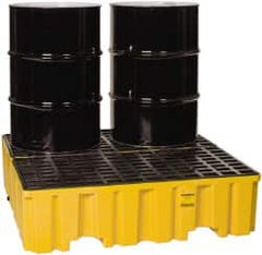 Eagle - 120 Gal Sump, 4,000 Lb Capacity, 4 Drum, Polyethylene Spill Deck or Pallet - 51-1/2" Long x 52.4" Wide x 13-3/4" High, Yellow, Liftable Fork, Drain Included, Vertical, 2 x 2 Drum Configuration - Exact Tooling
